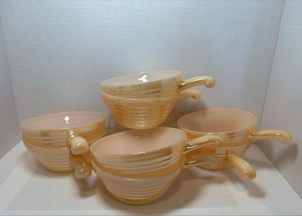Vintage Fire King Oven Ware Peach Luster Beehive Soup Bowls with Handles